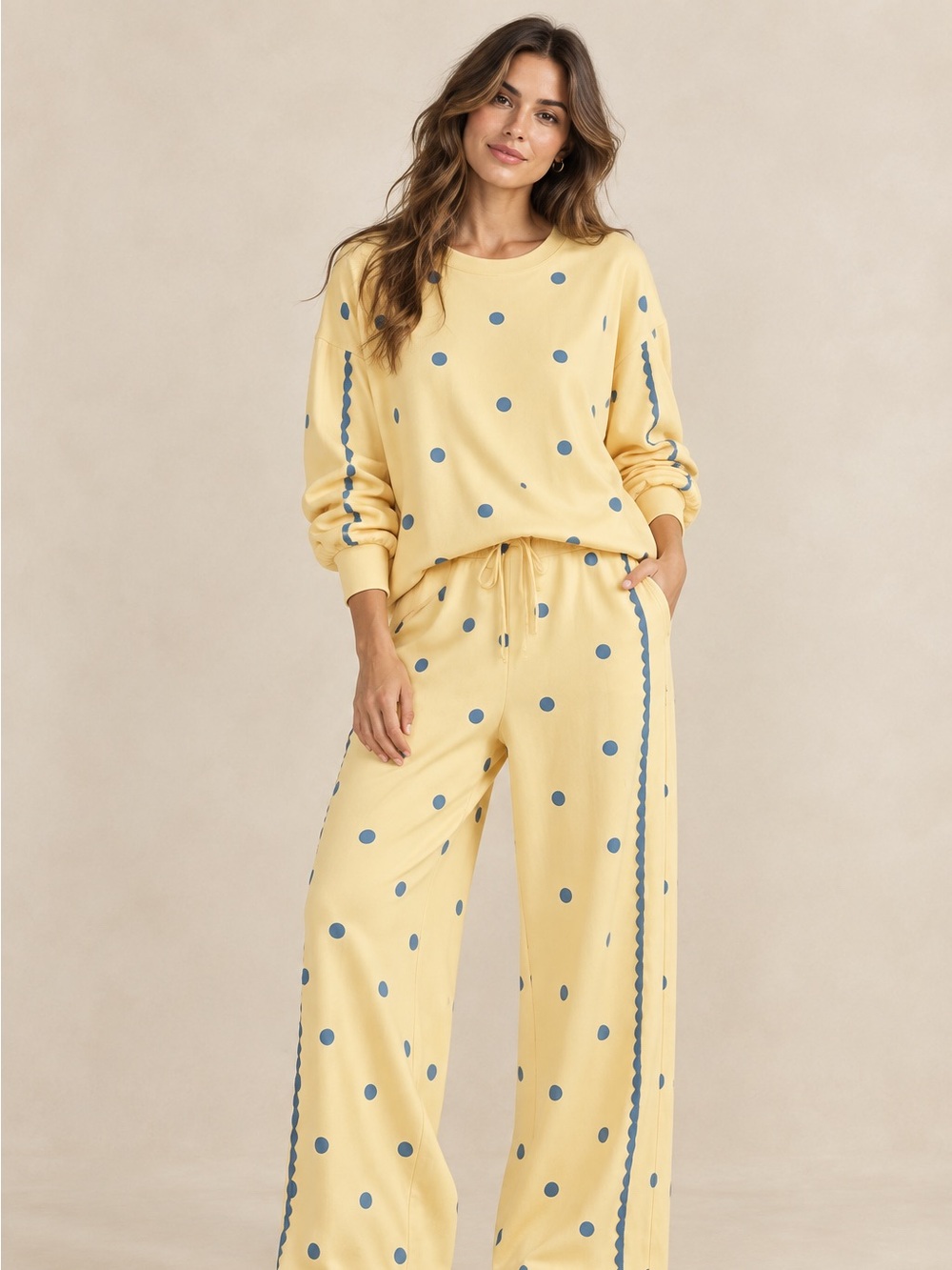 Veveret Boho Polka Dot 2-Piece Lounge Set Yellow and Blue Wide Leg Pant